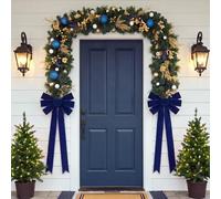 XunYee 12 ft Christmas Cedar Garland for Door Blue Christmas Decorations | Artificial Gold Berry Garland, with Navy Blue Velvet Bow for Stair Railing Fireplace Porch Christmas Indoor Outdoor Decor
