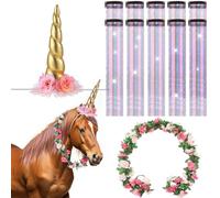 XunYee 12 Pcs Horse Costume Bling Accessory Floral Spiral Horn 10 Mane and Tail Clip in Hair Extensions Bling Pony Tinsel Rose Flower Vine for Real Horse Birthday Party Decor