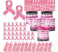 XunYee 120 Pcs Breast Cancer Awareness Silicone Wristband Bracelets with Pink Ribbon Pins Bookmarks Survivors Hope Faith Strength Items Bulk for Women Charity Events Campaign Party Gifts(Pink)