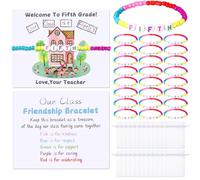 XunYee 24 Sets Back to School Gifts for Student Include Our Class Is a Family Greeting Card and First Day of School Bracelet with Bags Letter Bracelet for 1st Day of Classroom Gifts, 5.9 inches