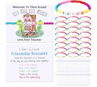 XunYee 24 Sets Back to School Gifts for Student Include Our Class Is a Family Greeting Card and First Day of School Bracelet with Bags Letter Bracelet for 1st Day of Classroom Gifts, 5.9 inches