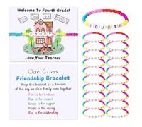 XunYee 32 Sets Back to School Gifts for Student Include Our Class Is a Family Greeting Card and First Day of School Bracelet with Bags Letter Bracelet for 1st Day of Classroom (Fourth Grade)