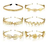 XunYee 6 Pcs Leaf Headbands Set Halloween Pearl Headbands for Women Greek Goddess Accessories Flower Faux Pearls Hairband Metal Prom Headpiece Crown Bridal Hairband, 1 Count (Pack of 6), Metal