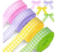Xunyee Pastel Easter Plaid Fabric Ribbon Spring Gingham Wired Ribbon Ideal for DIY Crafts, Wreaths, Gift Wrapping & More(1" x 60 Yd,Bright Colors)