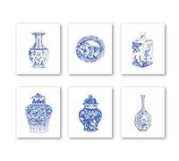 XUOIAYNB Chinoiserie Wall Art Print- Bedroom or Study Decor - Chinese Blue White Porcelain Vase Canvas Print (Set of 6)-Unframed-12X16 inch