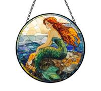 Xuoxeji Mermaid Ornaments, 20cm/7.87in Mermaid Stained Glass Suncatchers for Windows, Mermaid Gifts for Bird Lovers