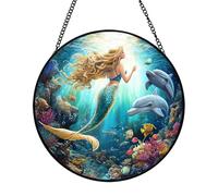 Xuoxeji Mermaid Stained Glass Ornaments, 20cm/7.87in Mermaid Stained Glass Suncatchers for Windows, Mermaid Themed Gifts for Women