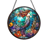 Xuoxeji Mermaid Stained Glass Window Hanging, 20cm/7.87in Mermaid Hanging Decor Mermaid Ornaments, Mermaid Lovers Gifts for Women