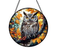 Xuoxeji Owl Stained Glass Window Hanging, 20cm/7.8in Owl Stained Glass Birds, Owl Gifts for Bird Lovers