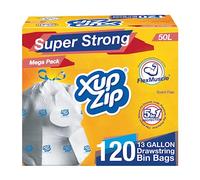 XupZip Drawstring Bin Bags - 50L Heavy-Duty Bin Liners Bags with Secure-Fit Closure - Strong Flex-Power Trash Bag with Leak, Puncture & Rip Protection, 6 Rolls (120 Pcs)