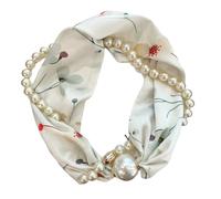 XuQiZZpp Elegant Satins Neck Scarf Wrap with Pearls Chain Necklace and Magnetic Buckle for Women Vintage Floral Silk Neckerchief