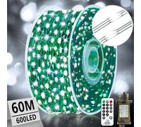 XURISEN 60M 600LED Outdoor Fairy Lights Plug in Christmas Tree Lights Green Copper Wire String Lights Waterproof 8 Modes with Remote Memory for Garden Yard Party Wedding Xmas Decoration- Cool White