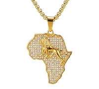 Xusamss Iced Out Africa Map Pendant Necklace for Men | Stainless Steel Lion Charm,Cubic Zirconia African Continent Shaped Accessory,Gothic Vintage Rocker Biker Hip Hop Jewelry