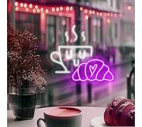 Xusdamyj Coffee & Croissant LED Neon Sign, Custom Coffee Bar Shop Cafe Bakery Decoration Neon Light Coffee Cup Home Bar Wall Decor Coffee Lover Gift