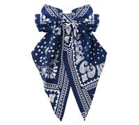 Xushengsheng Paisley Pattern Dyed Long Hair Barrette with Ribbon Ladies Headscarf in Navy Blue with Bow
