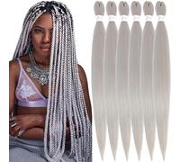 Xusuperb 30 inch Long Silver Braiding Hair Extensions Pre Stretched Grey Braiding Hair 6 Packs Easy Braids Extensions Hot Water Setting Soft Yaki Straight Kanekalon Synthetic Hair for Braiding(Grey#)