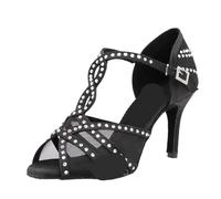XUWEWI Latin Dance Shoes Latin Dance Shoes Women's Dinner Satin Mesh Shiny Rhinestones Salsa High Heels(Black,HEEL 6CM_5)