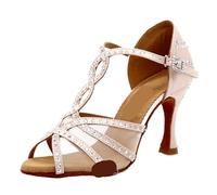 XUWEWI Latin Dance Shoes Latin Dance Shoes Women's Dinner Satin Mesh Shiny Rhinestones Salsa High Heels(Light Pink,HEEL 9CM_5.5)