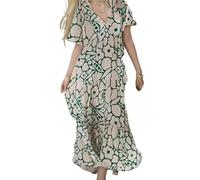 XUYONG Women's Green XXL Casual Floral Swing Dress, V-Neck, Short Sleeve, Knee-Length, Polyester, Machine Wash, Casual, Everyday, Social Occasions, Adult Women (18+)