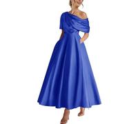 Xuzey Tea Length Satin Mother of The Bride Dresses for Women Wedding One Shoulder Formal Evening Gown with Pocket