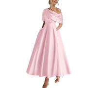 Xuzey Tea Length Satin Mother of The Bride Dresses for Women Wedding One Shoulder Formal Evening Gown with Pocket