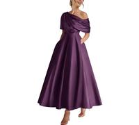 Xuzey Tea Length Satin Mother of The Bride Dresses for Women Wedding One Shoulder Formal Evening Gown with Pocket