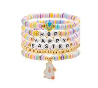 xuzhiyuan Cute Happy Easter Rabbit Beads Bracelets Set Colorful Vinyl Disc Clay Beaded Stretch Bracelets Easter Bunny Eggs Charms Bracelets for Women Jewelry Gift, M, Vinyl, no gemstone
