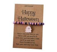 xuzhiyuan Halloween Wish Bracelet for Women- Spooky Soft Clay Beaded Bracelet with Ghost/Bat/Black Cat Pendant,Party Jewelry Gift with Happy Halloween Card, M, Vinyl, no gemstone