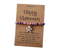 xuzhiyuan Halloween Wish Bracelet for Women- Spooky Soft Clay Beaded Bracelet with Ghost/Bat/Black Cat Pendant,Party Jewelry Gift with Happy Halloween Card, M, Vinyl, no gemstone