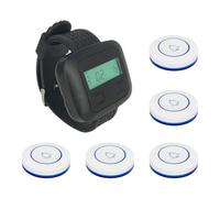 Xuzxinze Wireless Restaurant Calling System 5 Transmitters 1 Guest Pager | 433.92 MHz learning-code transmitters with 100 m open-area range and a USB-powered wrist pager for staff notification.
