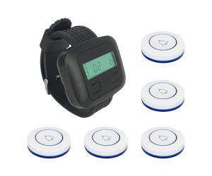 Xuzxinze Wireless Restaurant Calling System 5 Transmitters 1 Guest Pager | 433.92 MHz learning-code transmitters with 100 m open-area range and a USB-powered wrist pager for staff notification.