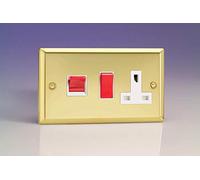 XV45PW - Varilight - Classic - Victorian Brass - 45 Amp Cooker Switch & 13 Amp Switched Plug Socket - White Inserts