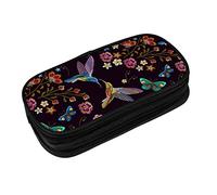 XVBCDFG Humming Bird and Tropical Flowers Pencil Case Big Capacity Multi Compartment Stationery Box Hummingbirds Exotic Floral Pencil Pouch Holder Desk Organizer for School Office Home, Black