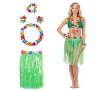 Xvbhaq Hawaiian Theme Party Costume Set, Hula Skirt with Flower Chains, Hawaii, Garlands Grass Skirt for Adults, Leis for Tropical Luau Party Supplies (Green)