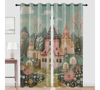 XVBVS Blackout Curtains Fairytale Castle Blackout Curtains, Flower Mountain Fantasy Curtains, Drapes, Curtain 72 Inch Drop, Thermal Insulated Eyelet Curtain 2 Panels, 46 x 72 Inch