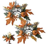 XVHOAB 2Pcs Fall Candle Rings, Pumpkin Maple Leaf Berry Candle Rings Wreaths 3 Inch Center Small Wreath for Farmhouse Table, Front Door, Indoor