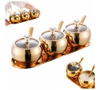 XVHOAB 4 Pcs/1 Set Seasoning Containers Stainless Steel Sugar Bowl with Lid and Spoon Gold Condiment Jars with Tray Kitchen Spice Boxes Sugar Container for Salt Coffee