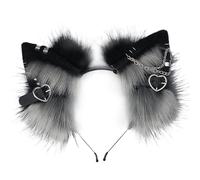 XVHOAB Cat Ears Headband, 1PCS Furry Ears Headwear with Metal Heart and Chain Decor, Gothic Punk Therian, Animal Hairband for Cosplay Costume, Black and Grey