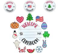 XVHOAB Classroom Door Sign, Interchangeable Wooden Welcome Sign for Classroom with Seasonal Replaceable Ornaments for Halloween Thanksgiving Decor.