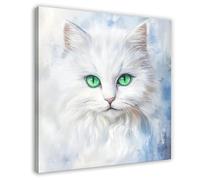 XVHOGAS Abstract White Cat Green Eyes Feline Animal Art Painting Canvas Poster Wall Art Decor Print Picture Paintings for Living Room Bedroom Decoration 20x20inch(50x50cm)