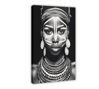 XVHOGAS Black And White Artistic Portrait of An Ethnic African Tribal Woman Canvas Poster Bedroom Decor Landscape Office Room Decor Gift 20x30inch(50x75cm)