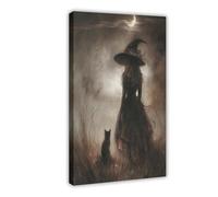 XVHOGAS Witch Girl And Cat Walking in The Field Vintage Autumn Poster Canvas Poster Bedroom Decor Landscape Office Room Decor Gift 20x30inch(50x75cm)