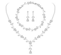 XVICO Flower Vine Jewellery Set, 3 Pieces Silver Tone Necklace Bracelet Earrings Set with Crystal Stones, Elegant Leaf Design for Women, Retro Style, Perfect for Wedding and Evening Events