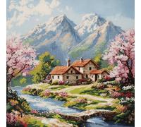 XvvwEndlessx Stamped Cross Stitch Kits DIY Counted Embroidery Needlepoint Kit Flower Sea and Flowing Water Cottage A Cross Stitch for Adults Beginners Crafts Home Decor 11CT：40×50Cm