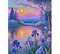 XvvwEndlessx Stamped Cross Stitch Kits DIY Counted Embroidery Needlepoint Kit Irises by The Lake at Sunset 1 Cross Stitch for Adults Beginners Crafts Home Decor 11CT：40×50Cm