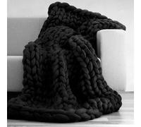 XWCG Chunky Knit Blanket - Soft and Cozy Throw for Sofa, Chair - Warm Wool Blend Home Decor - Handmade Black Throw, 120 * 150cm