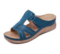 XWCG Women Sandals Wedge Platform Buckle Sandal Summer Faux Leather Open Toe Retro Ladies Platform Shoes Beach Shoes Summer Ladies Leather Sandal,Blue,38
