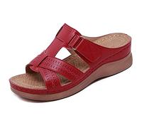 XWCG Women Sandals Wedge Platform Buckle Sandal Summer Faux Leather Open Toe Retro Ladies Platform Shoes Beach Shoes Summer Ladies Leather Sandal,Red,38