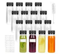 XWCHASA 16PCS Plastic Juice Bottles with Lids, 60ml 2oz Small Plastic Bottles with Brush, Transparent Smoothie Bottle to Go for Juice, Milk, Homemade Beverages