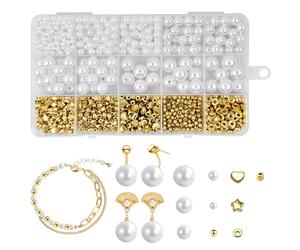 XWCHASA 720PCS Pearl Beads for Bracelet Making,4/6/8/10/12mm Round Pearl Beads Kit,5 Styles Gold Spacer Beads with Storage Box for Womens DIY Bracelets, Necklaces, Earrings Jewellery Making Crafts